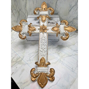 Cast Iron Metal Painted Cross, White/Faux Gold, Hanging Christian Art 11.75x9.25